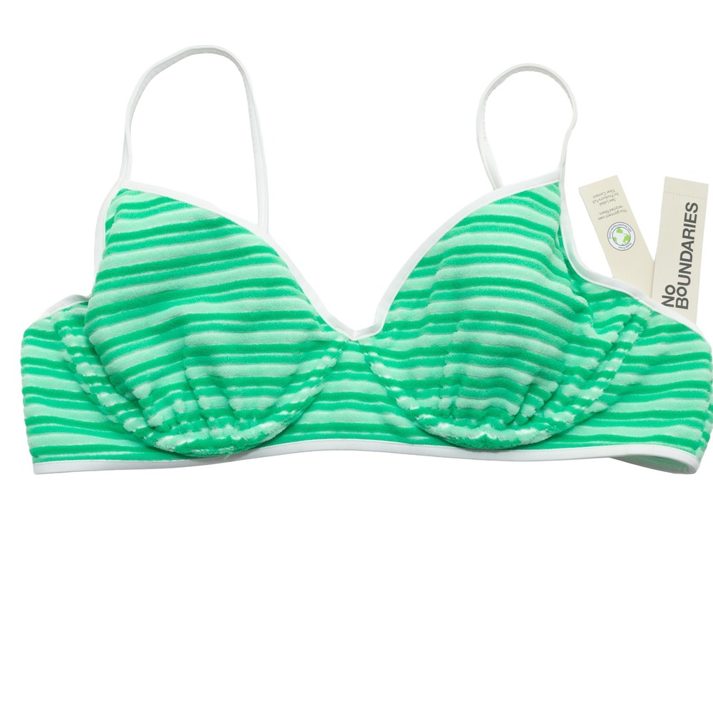 No Boundaries Bikini Top Womens XXL‎ Green New Underwire Terry Cloth Striped